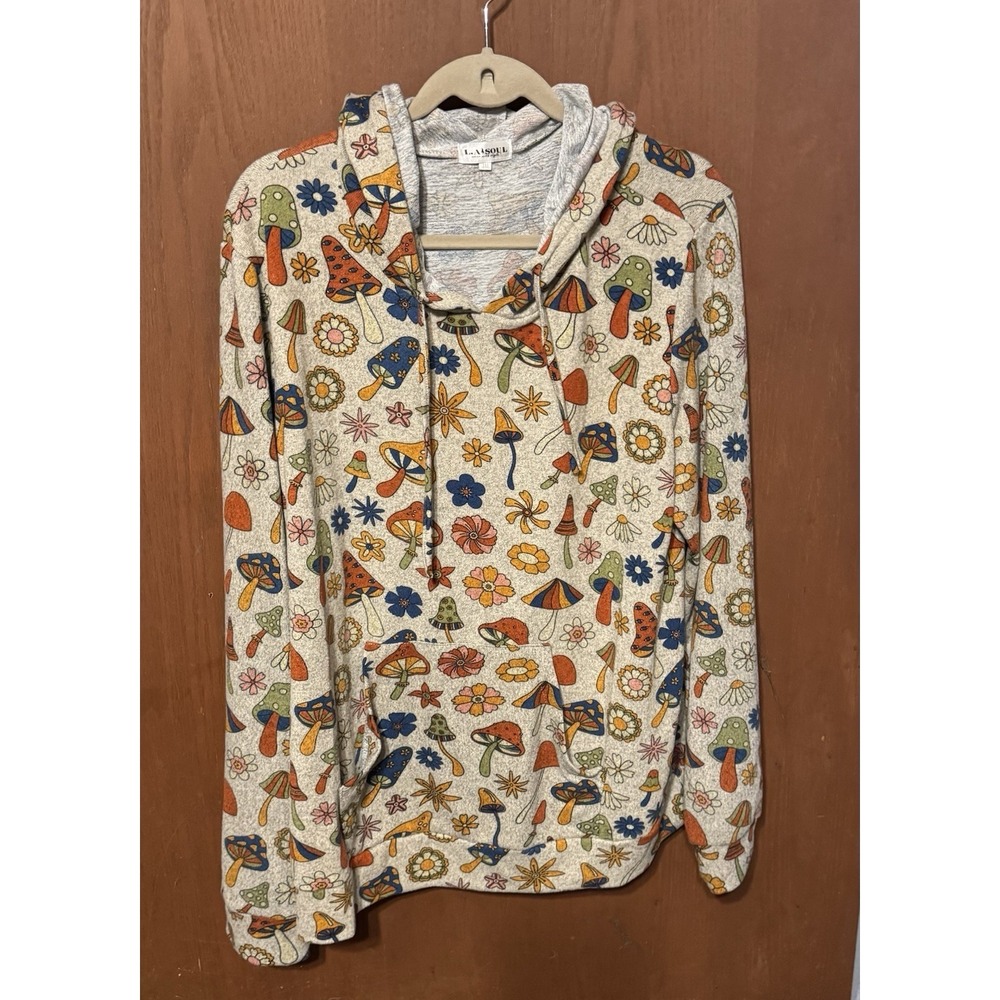 LA Soul All Over Mushroom Flowers Retro Groovy Print Gray Hoodie Sz 3X TubB8